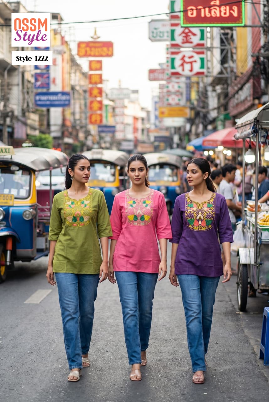 Ossm Style 1222 Cotton Dhabu Embroidered Short Top Collection