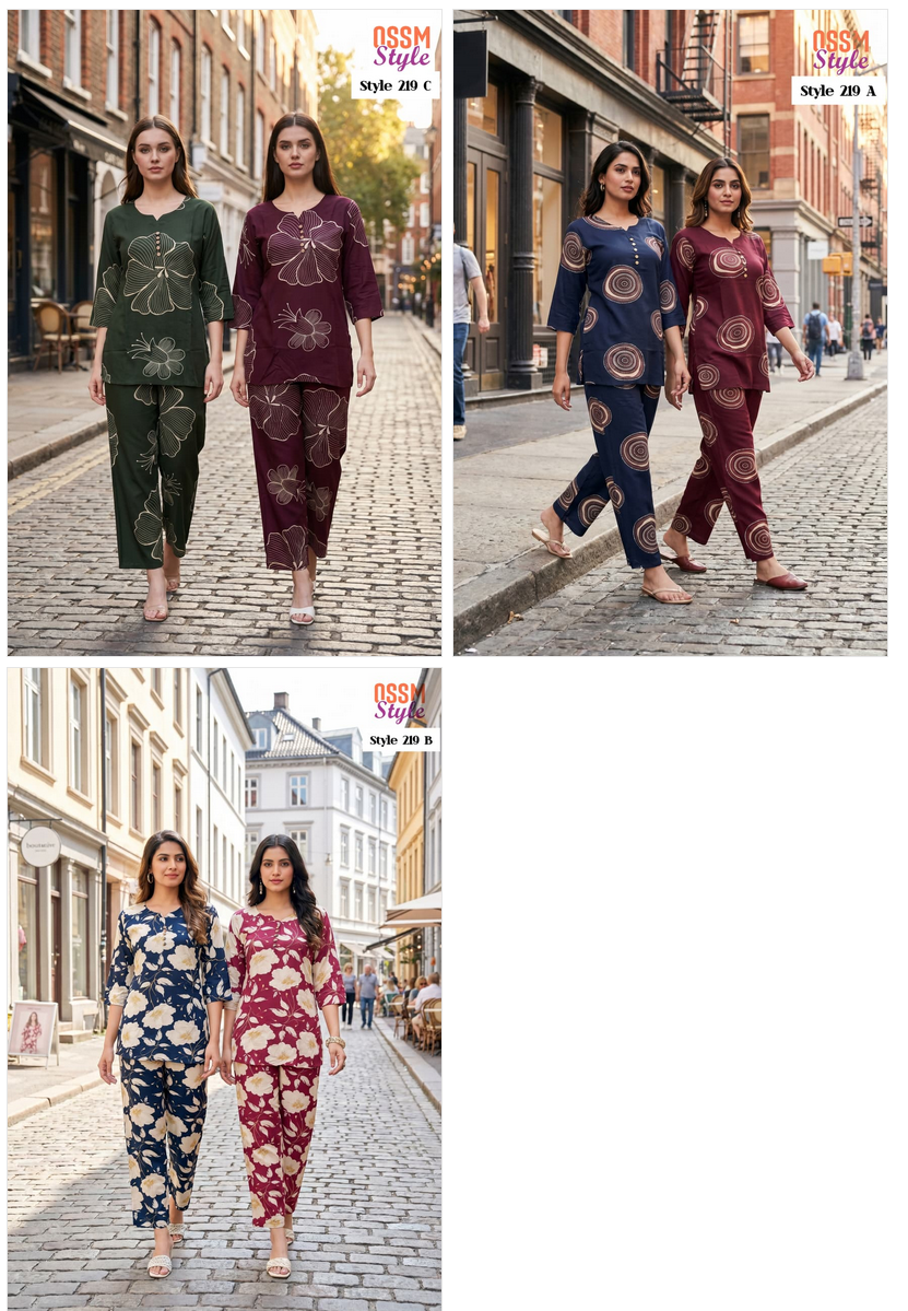Ossm Style 219 Rayon Discharge Printed Co Ord Set Collection