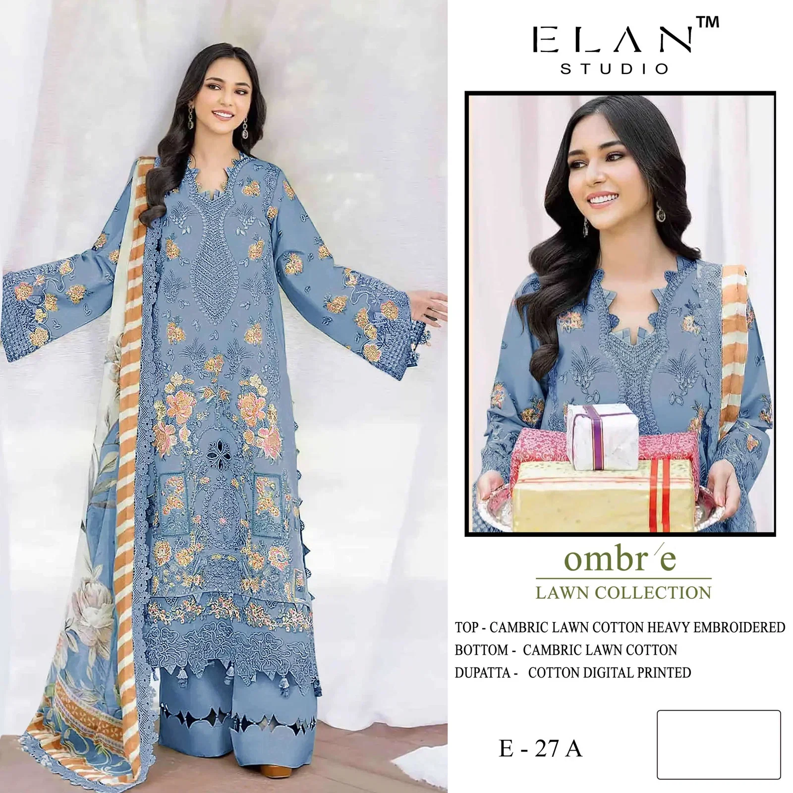 Elan E 27 A To D Cambric Cotton With Lawn Embroidered Salwar Kameez