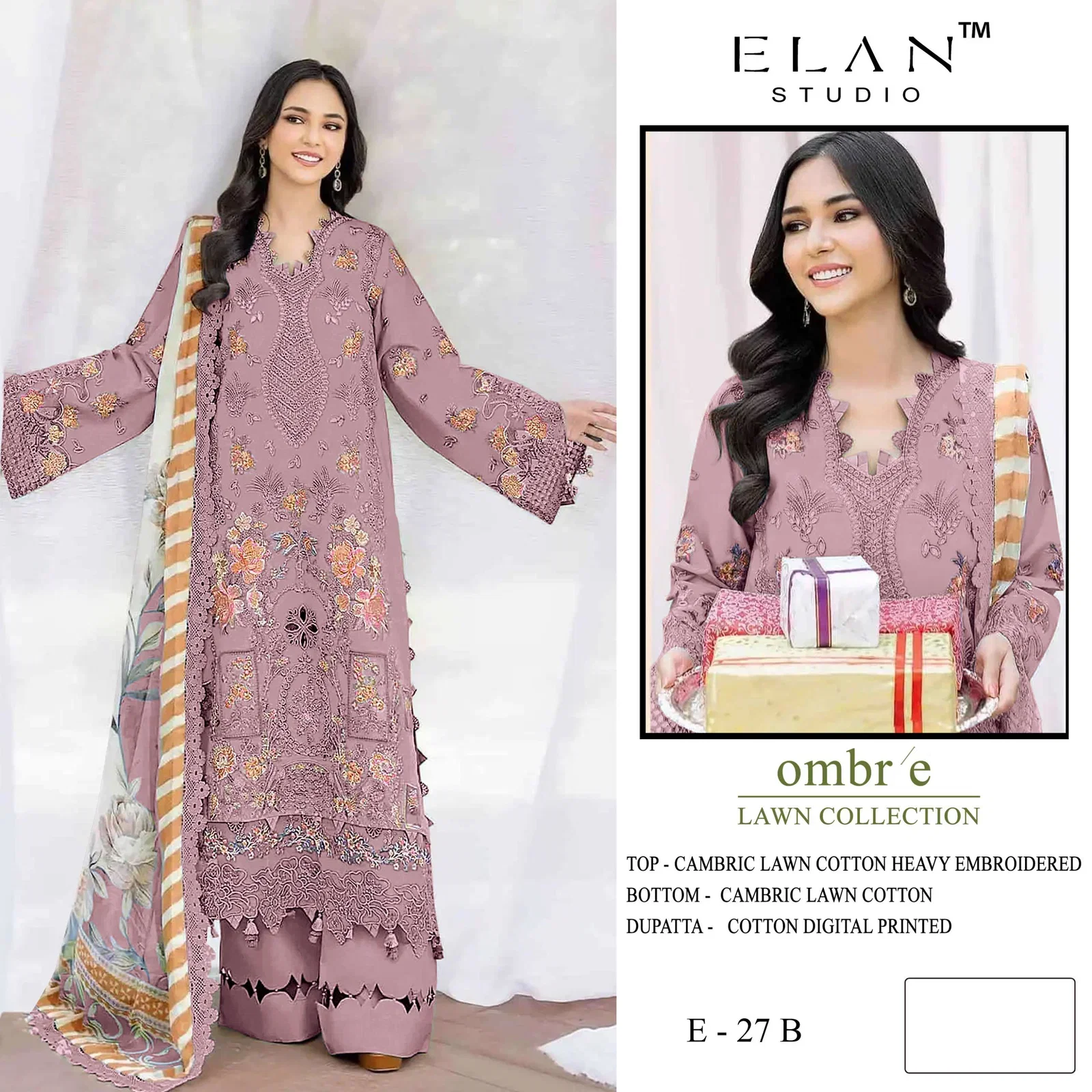 Elan E 27 A To D Cambric Cotton With Lawn Embroidered Salwar Kameez