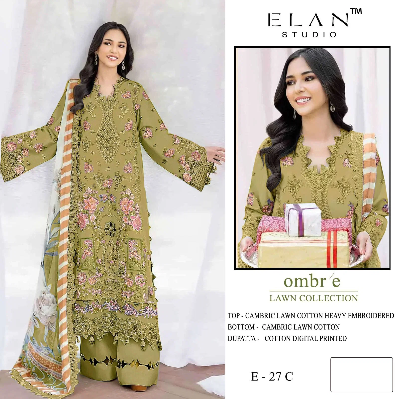 Elan E 27 A To D Cambric Cotton With Lawn Embroidered Salwar Kameez