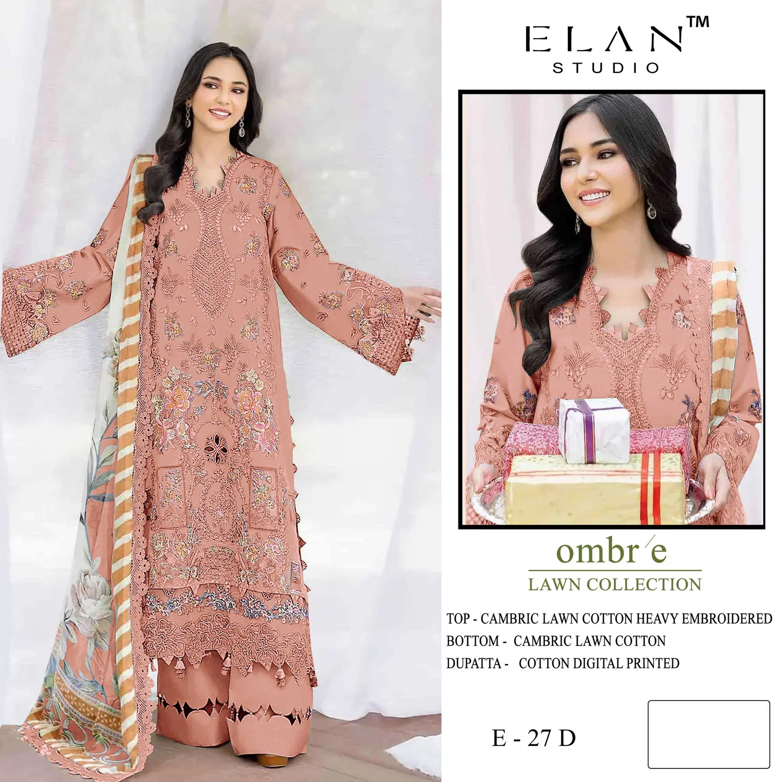 Elan E 27 A To D Cambric Cotton With Lawn Embroidered Salwar Kameez