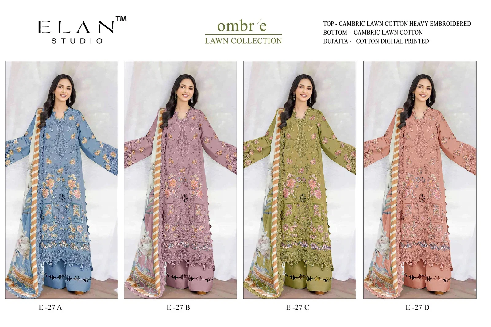 Elan E 27 A To D Cambric Cotton With Lawn Embroidered Salwar Kameez