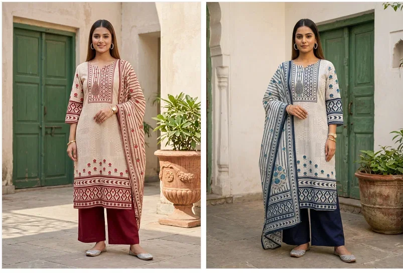 Naisha K 887 Cotton Straight Linen Kurti With Bottom Dupatta