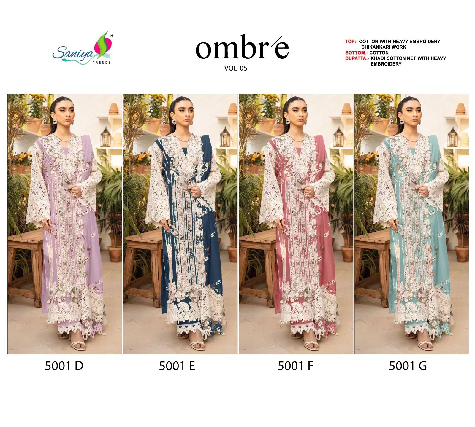 Saniya Ombre 5001 D To G Cotton With Chikankari Embroidered Salwar Kameez Collection