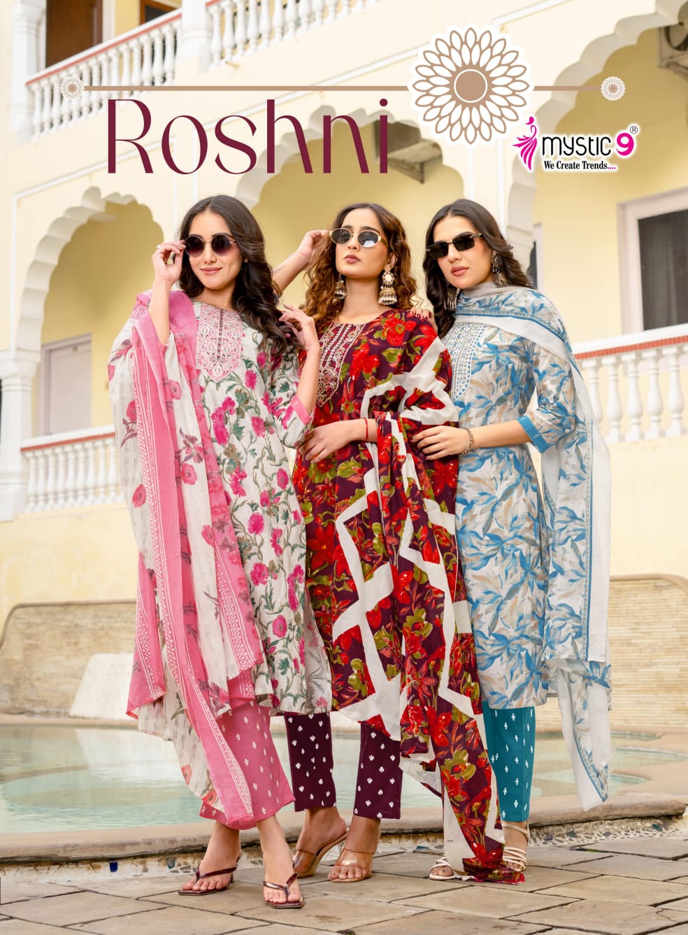 Mystic 9 Roshani Vol 1 Premium Quality Cambric Cotton on Straight Kurta With Bottom And Dupatta