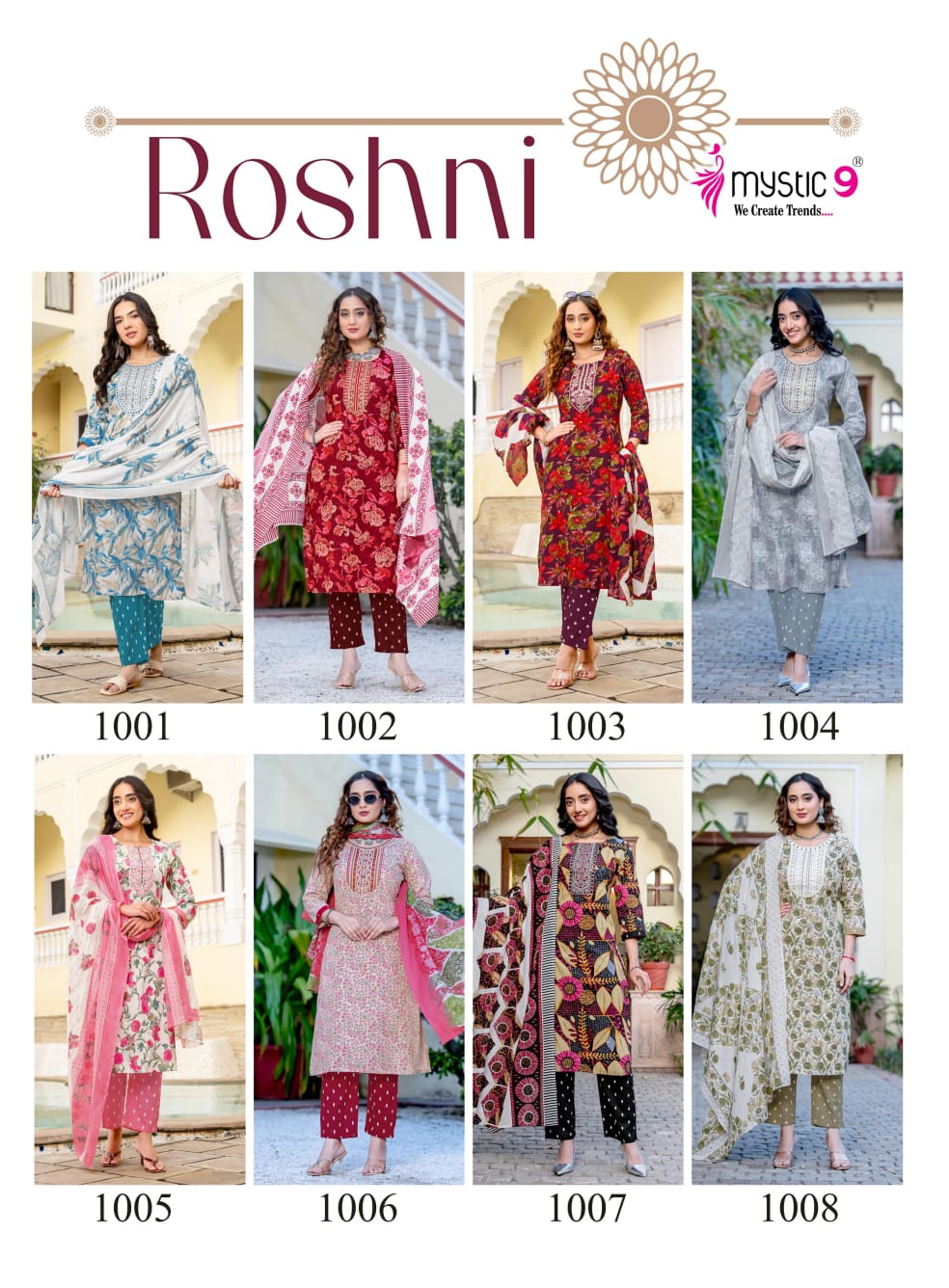 Mystic 9 Roshani Vol 1 Premium Quality Cambric Cotton on Straight Kurta With Bottom And Dupatta