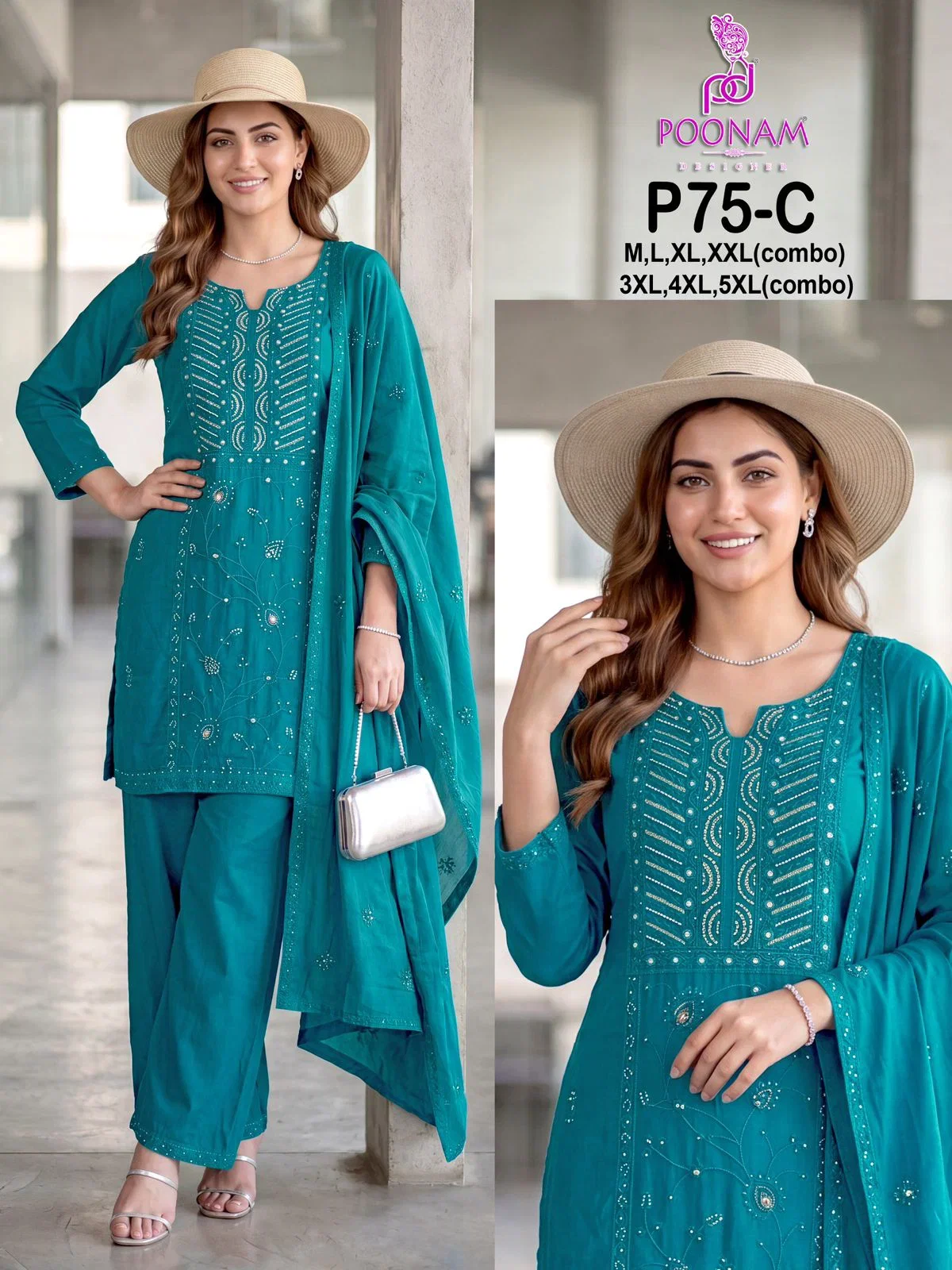 Poonam P 75 A To C Mal Cotton Beats Work Kurti With Bottom Dupatta