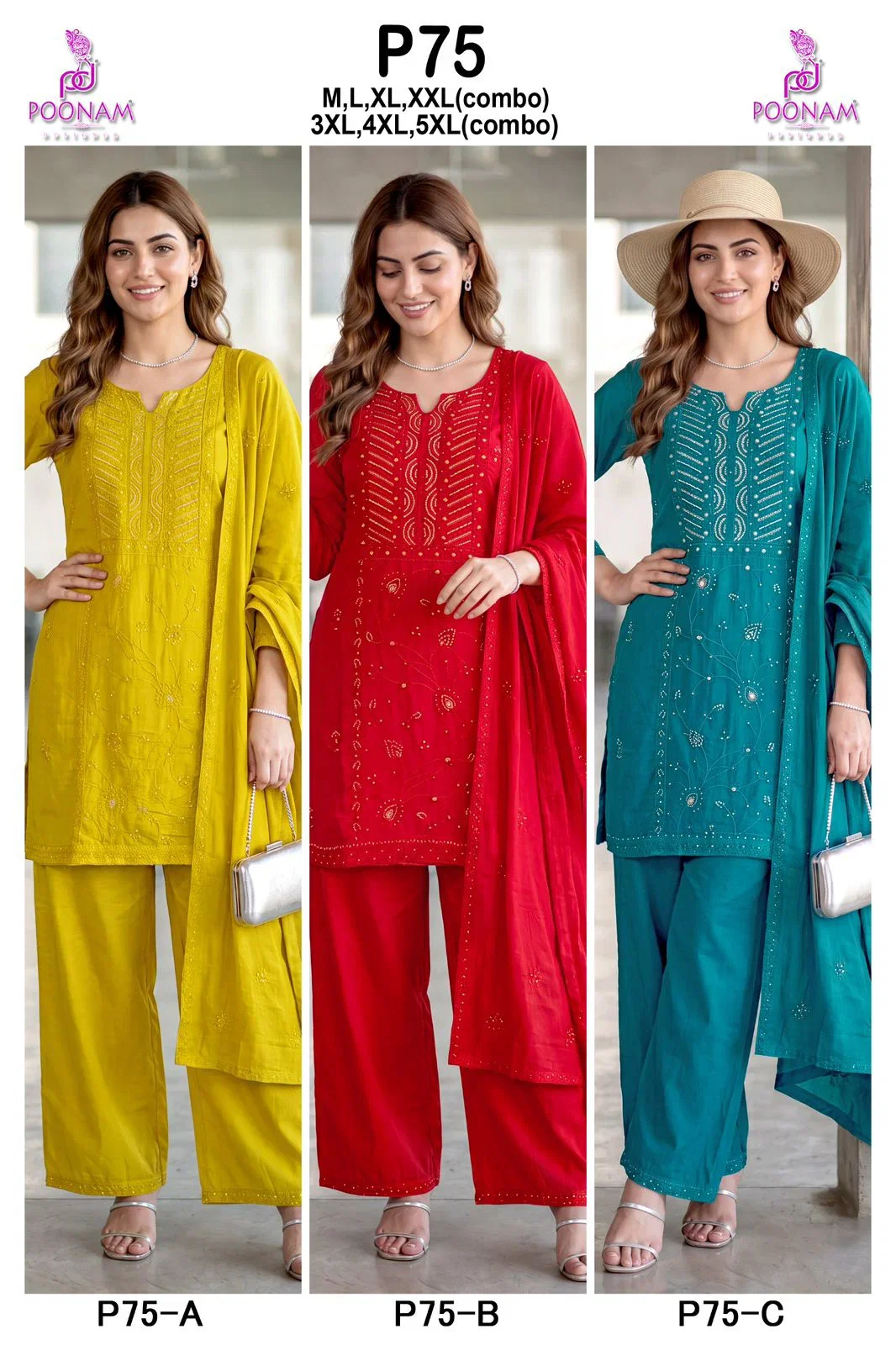Poonam P 75 A To C Mal Cotton Beats Work Kurti With Bottom Dupatta