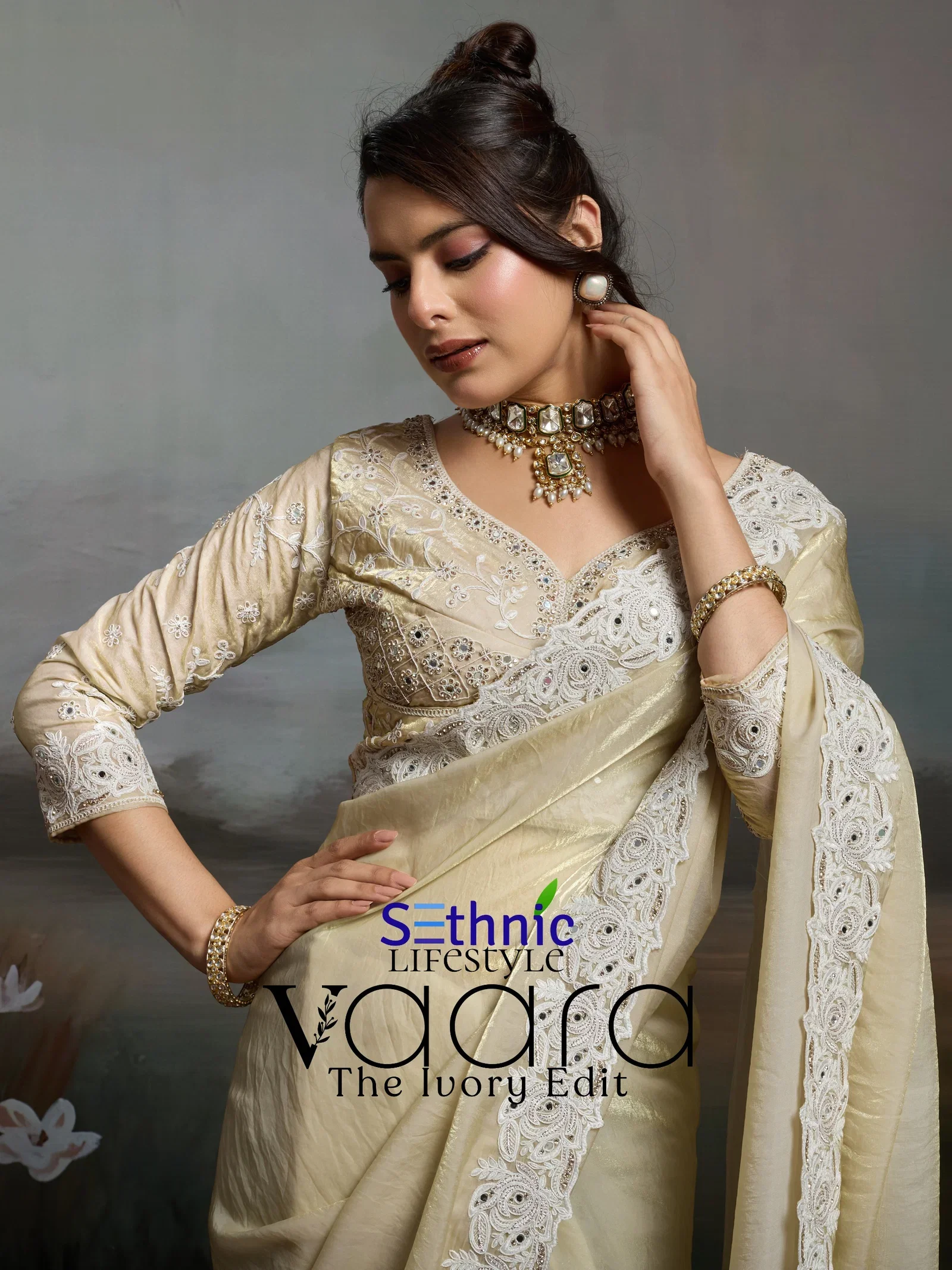 Sethnic Vaara The Ivory Edit Satin Velvet With Handworked Saree