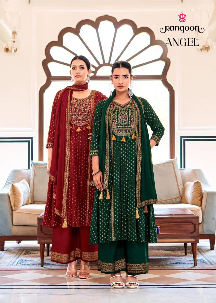 Rangoon Angel Rayon Print With Embroidery Kurti With Bottom Dupatta