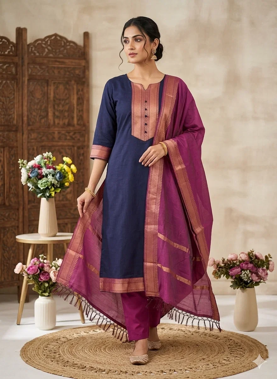 Sa Summer Cotton With Zari Work Kurti With Bottom Dupatta