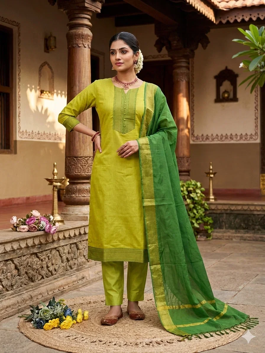 Sa Summer Cotton With Zari Work Kurti With Bottom Dupatta