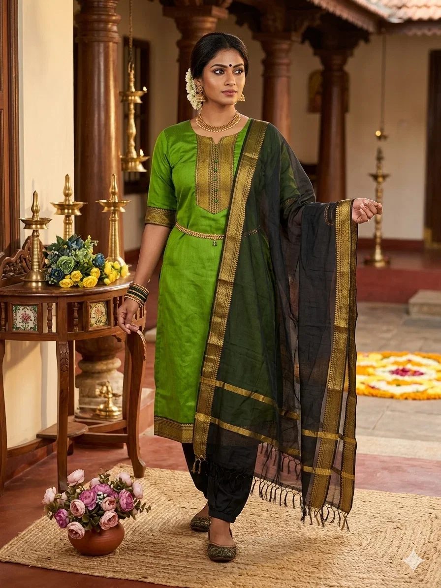 Sa Summer Cotton With Zari Work Kurti With Bottom Dupatta