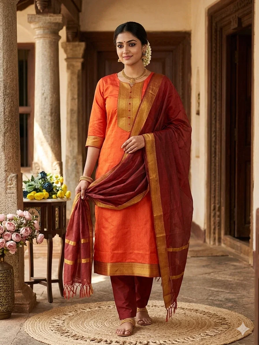 Sa Summer Cotton With Zari Work Kurti With Bottom Dupatta