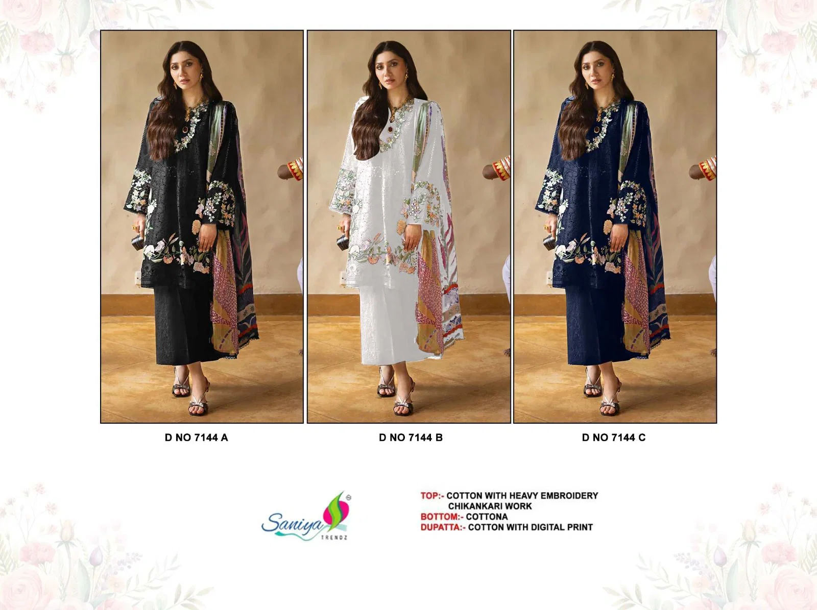 Saniya 7144 A To C Pure Cotton Chikankari Embroidered Salwar Kameez Collection