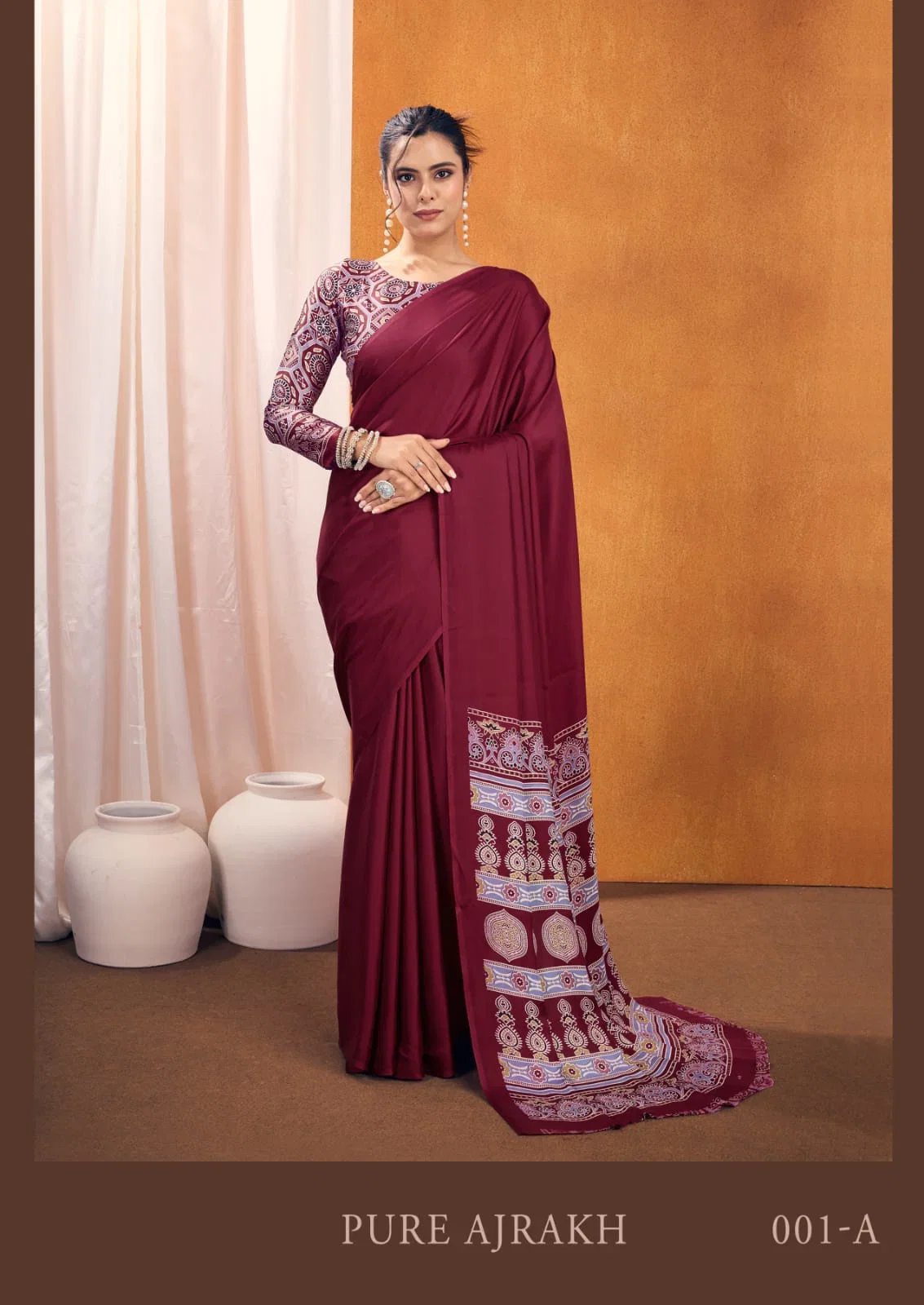 Pure Ajrakh 001 A To E Modal Satin Ajrakh Printed Saree Collection