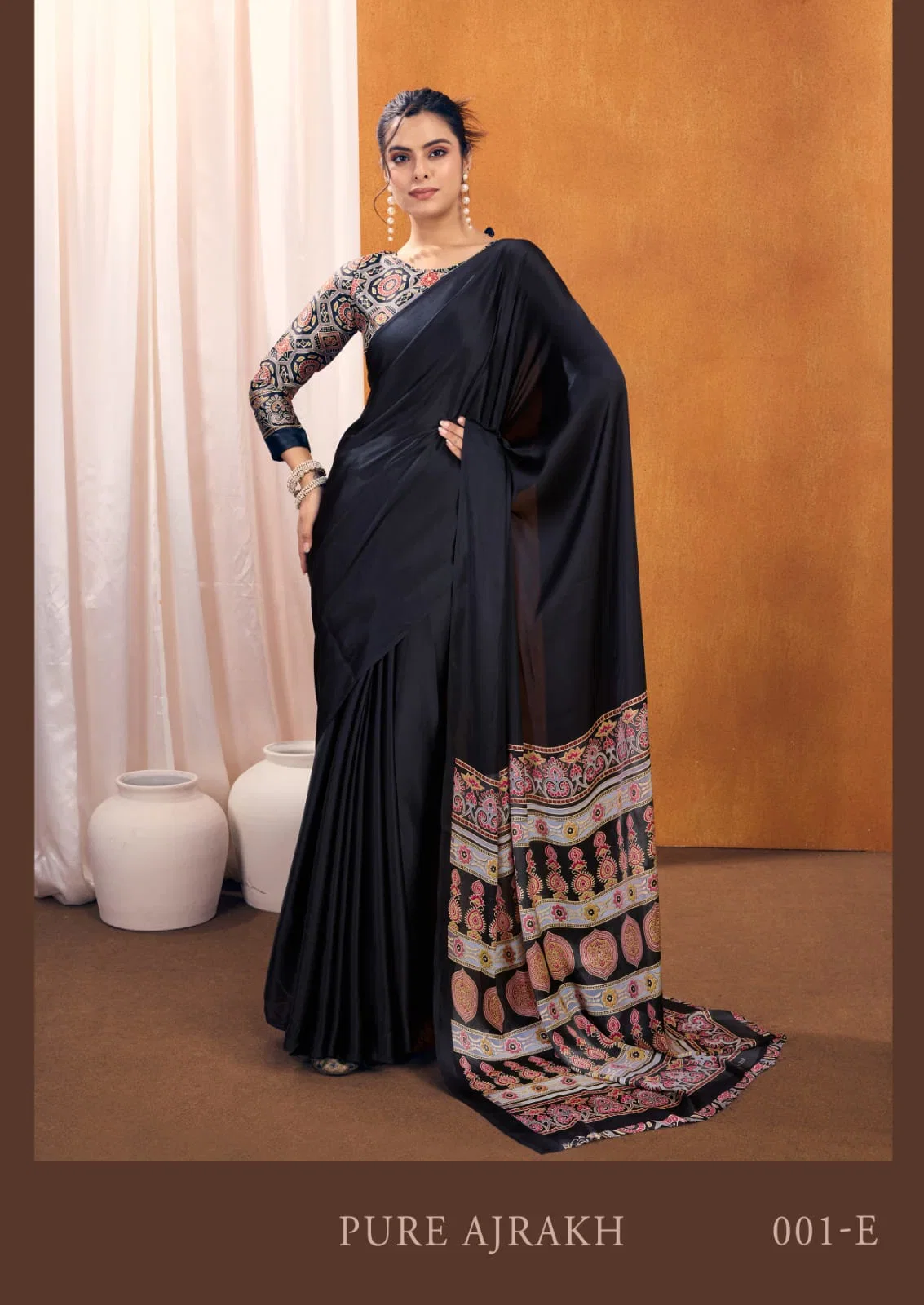Pure Ajrakh 001 A To E Modal Satin Ajrakh Printed Saree Collection