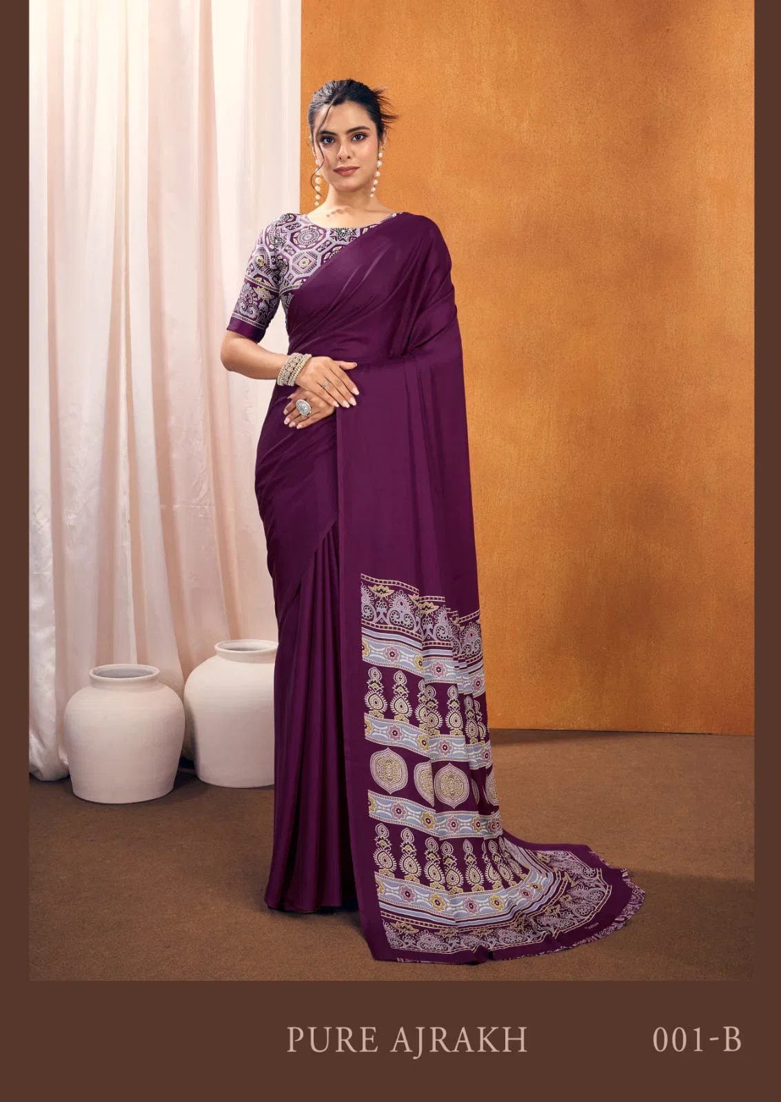 Pure Ajrakh 001 A To E Modal Satin Ajrakh Printed Saree Collection