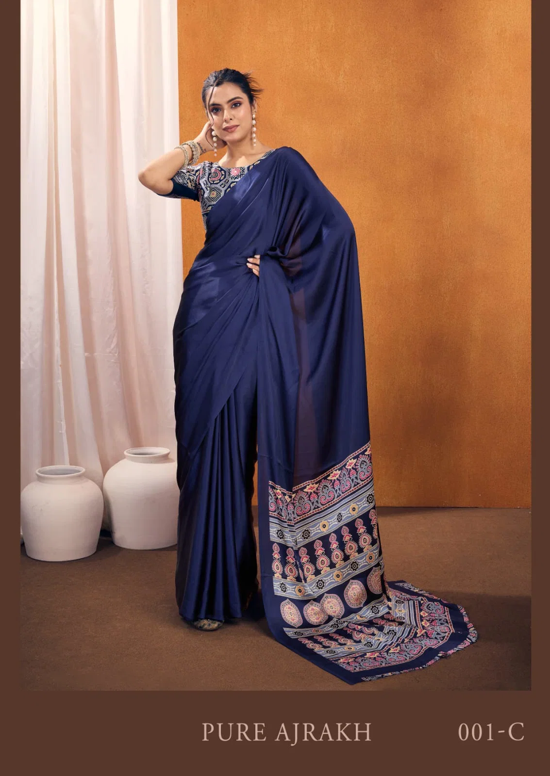 Pure Ajrakh 001 A To E Modal Satin Ajrakh Printed Saree Collection
