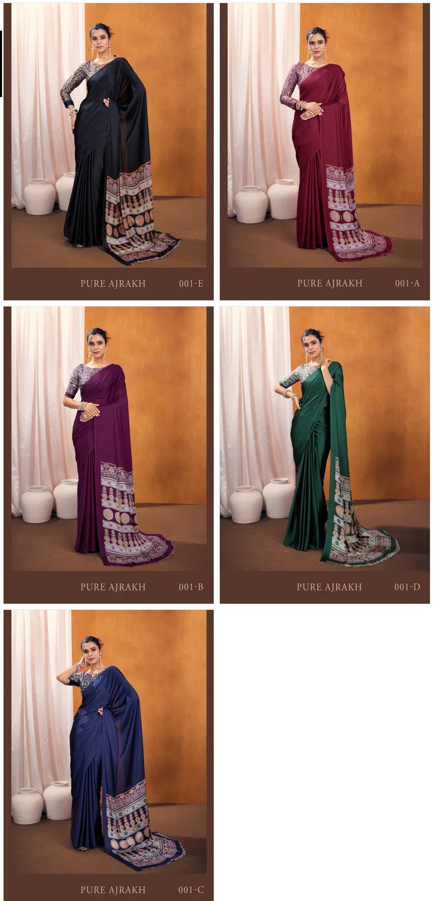 Pure Ajrakh 001 A To E Modal Satin Ajrakh Printed Saree Collection
