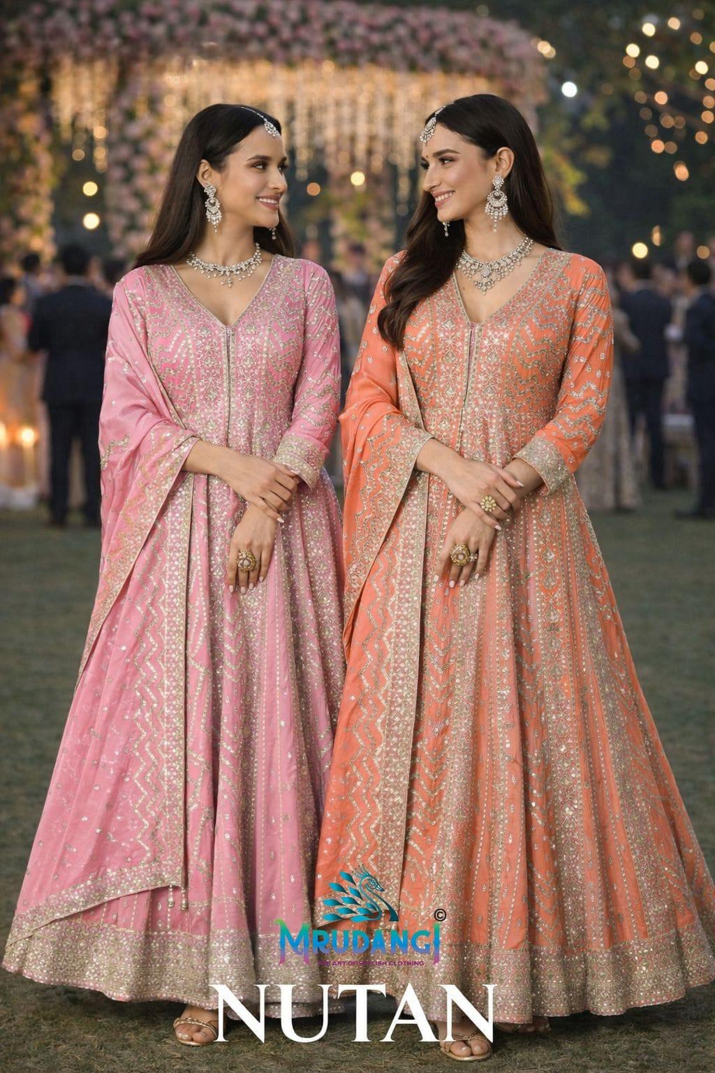 Mrudangi Nutan Chinon Embroidered Gown With Dupatta