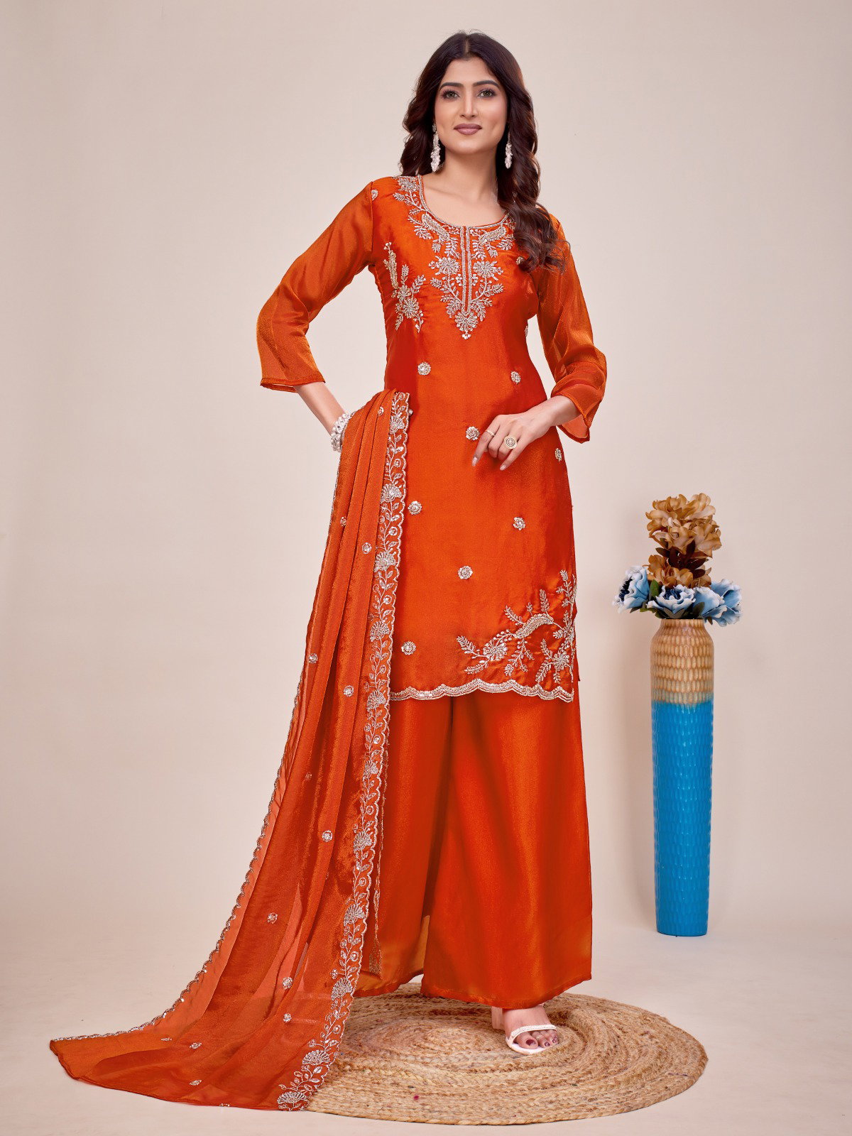 Lekha Nav Krishna Vol 2 MC Moss Silk Thread Embroidery And Beats Work Kurti Plazzo With Dupatta