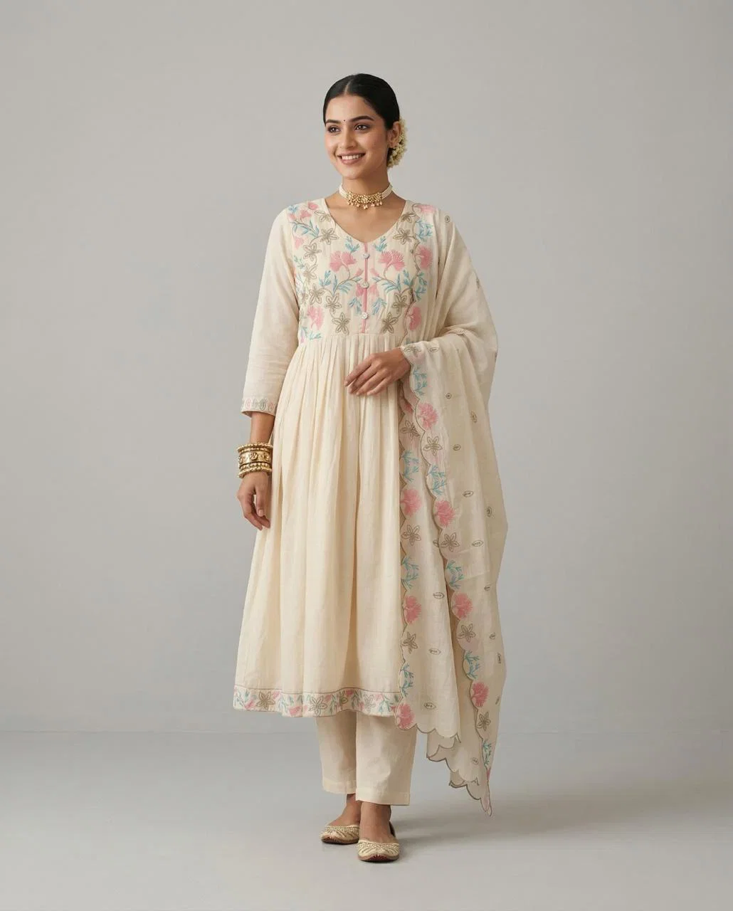 Naisha K 897 Mul Chanderi Anarkali Kurti With Pant Dupatta Collection