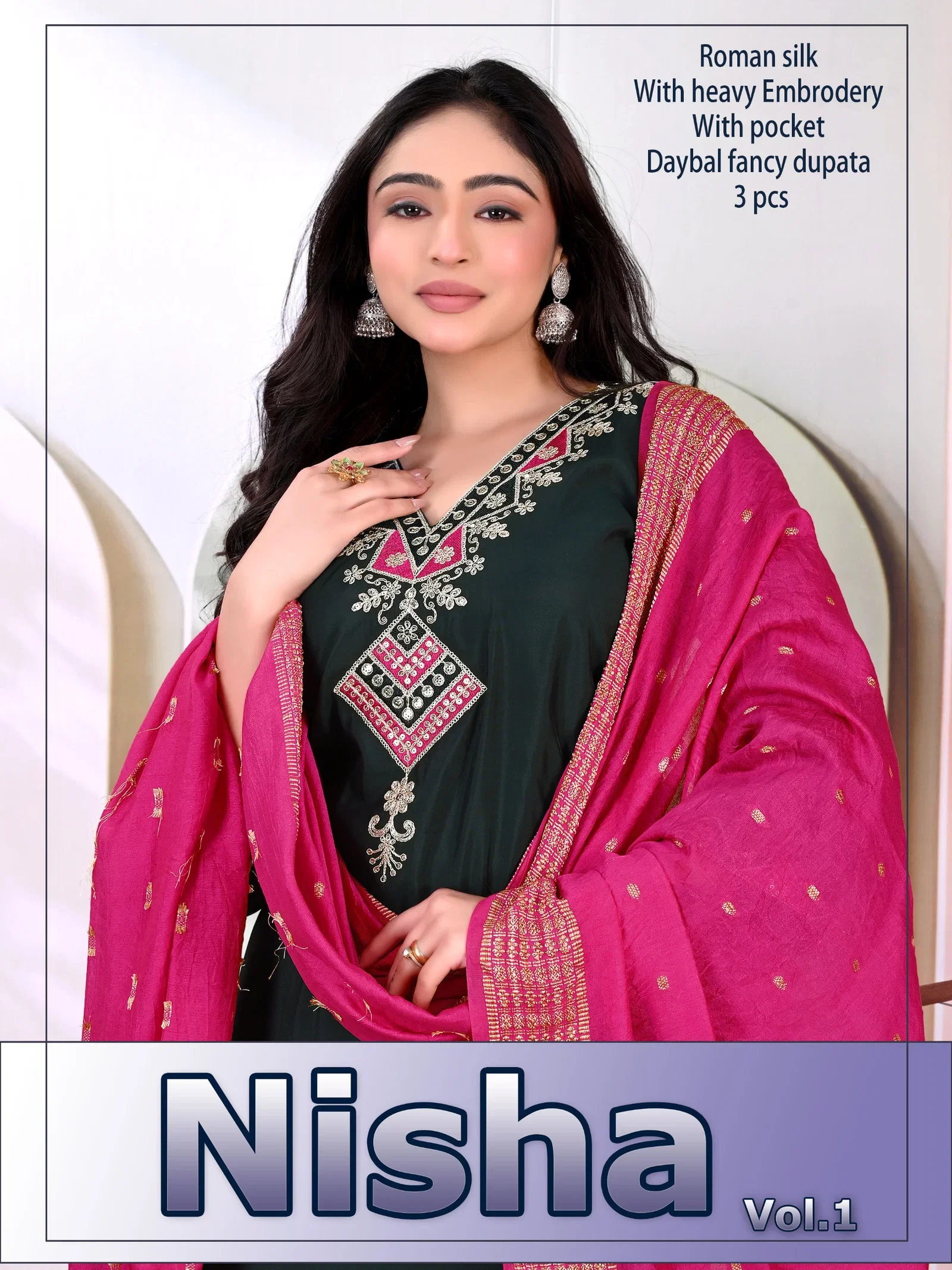 Nisha Vol 2 Roman Silk Embroidery Kurti With Bottom Dupatta