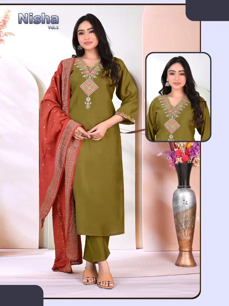 Nisha Vol 2 Roman Silk Embroidery Kurti With Bottom Dupatta