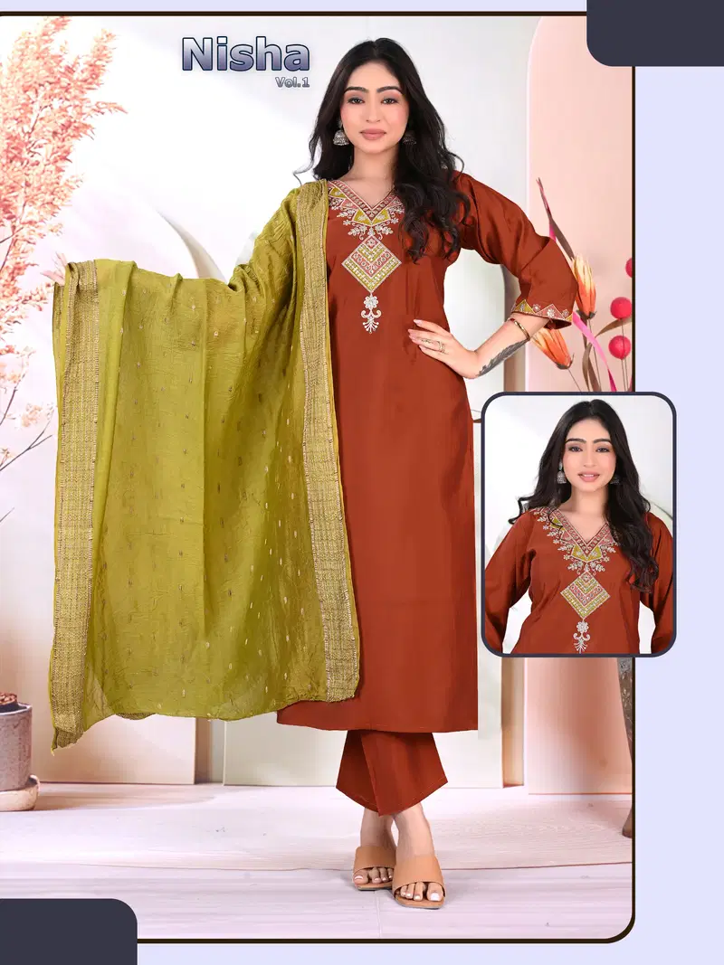 Nisha Vol 2 Roman Silk Embroidery Kurti With Bottom Dupatta