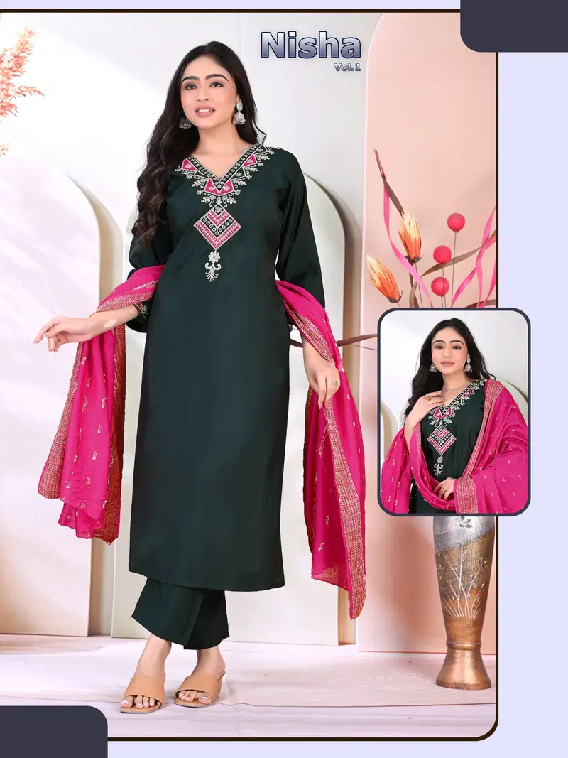 Nisha Vol 2 Roman Silk Embroidery Kurti With Bottom Dupatta