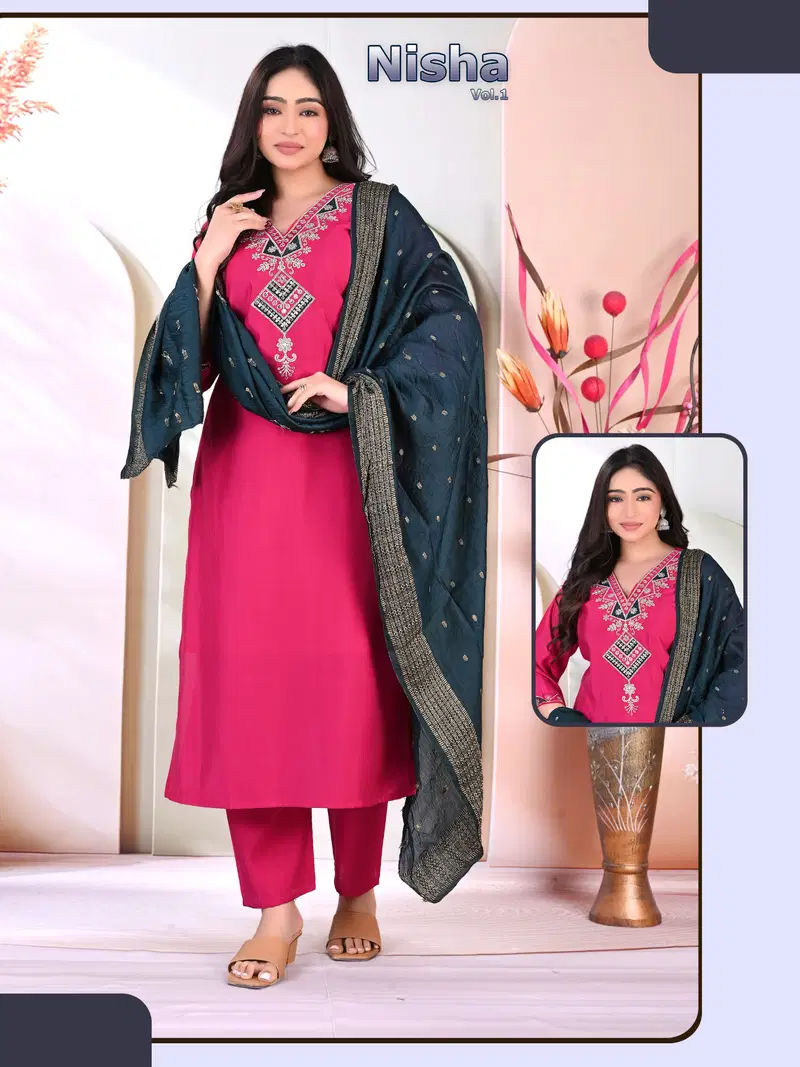 Nisha Vol 2 Roman Silk Embroidery Kurti With Bottom Dupatta