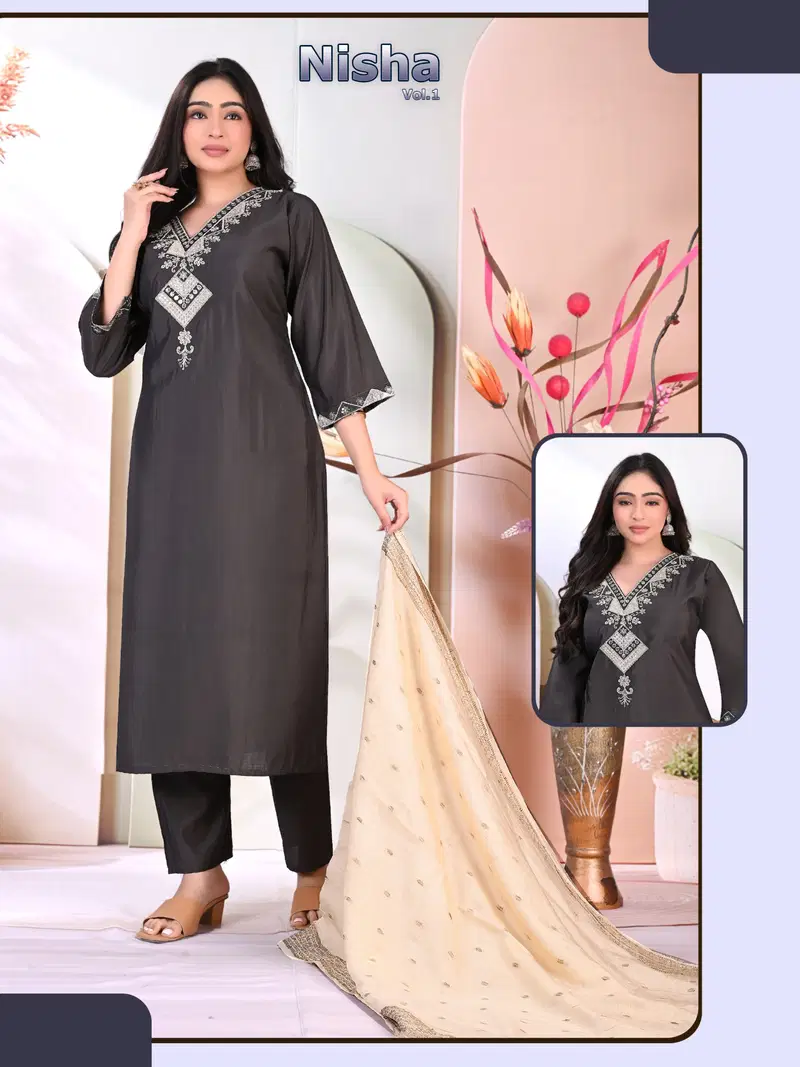 Nisha Vol 2 Roman Silk Embroidery Kurti With Bottom Dupatta