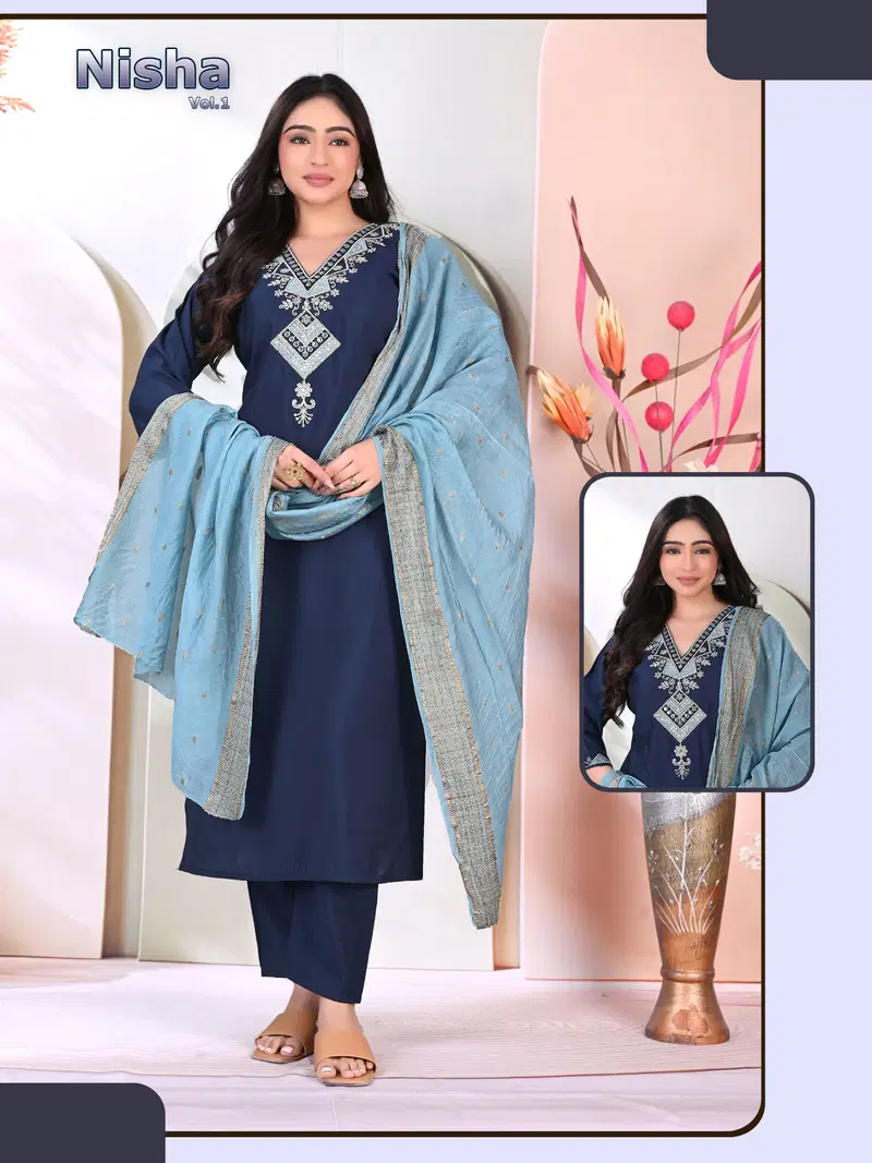 Nisha Vol 2 Roman Silk Embroidery Kurti With Bottom Dupatta