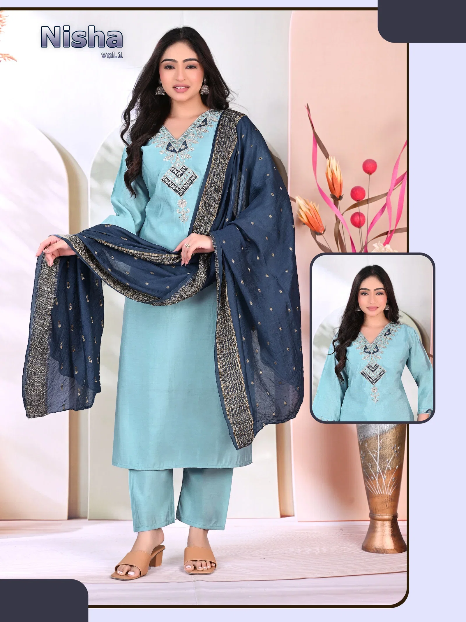 Nisha Vol 2 Roman Silk Embroidery Kurti With Bottom Dupatta