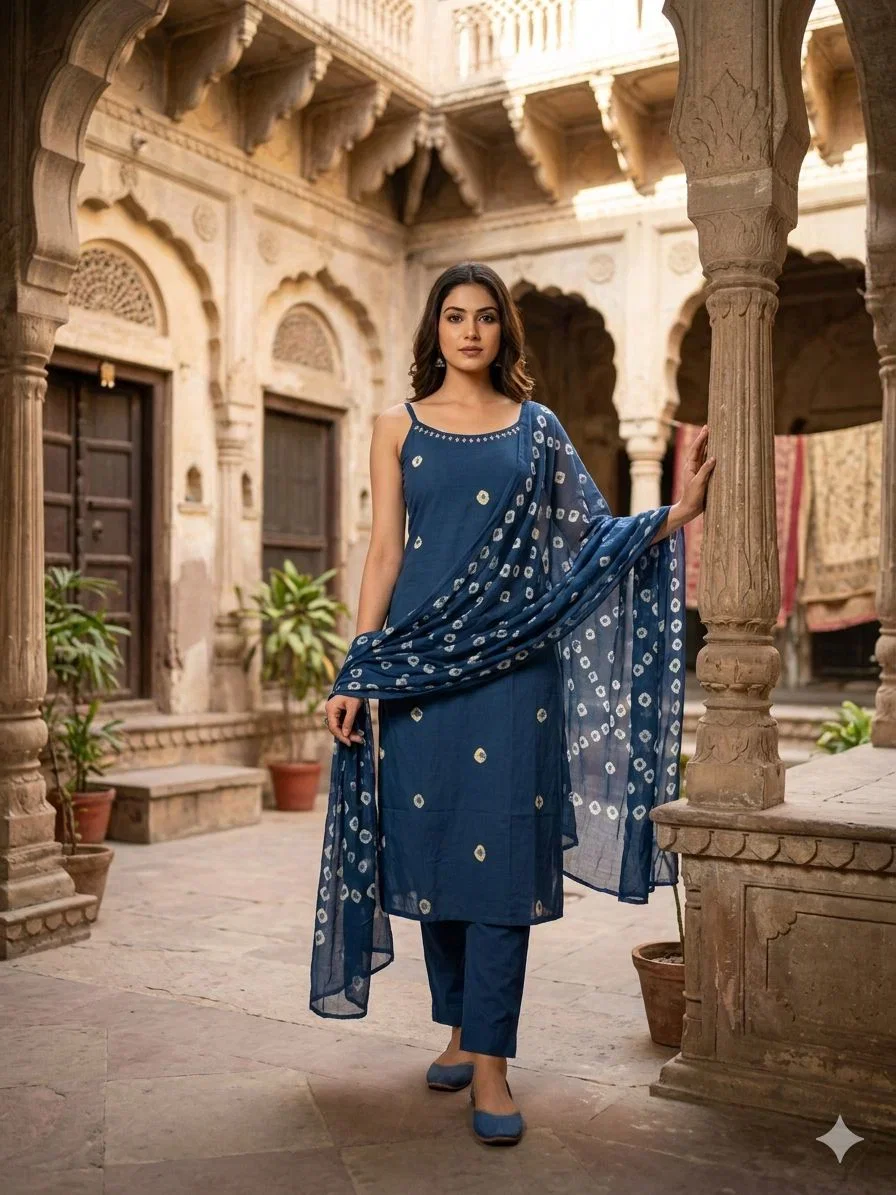 Naisha K 900 Cotton Bandhani Printed Spaghetti Style Kurti With Bottom Dupatta