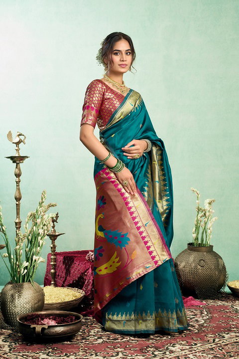 Meera 333 Party Wear Zari Weaving Paithani Silk Saree with Un Stitched Blouse