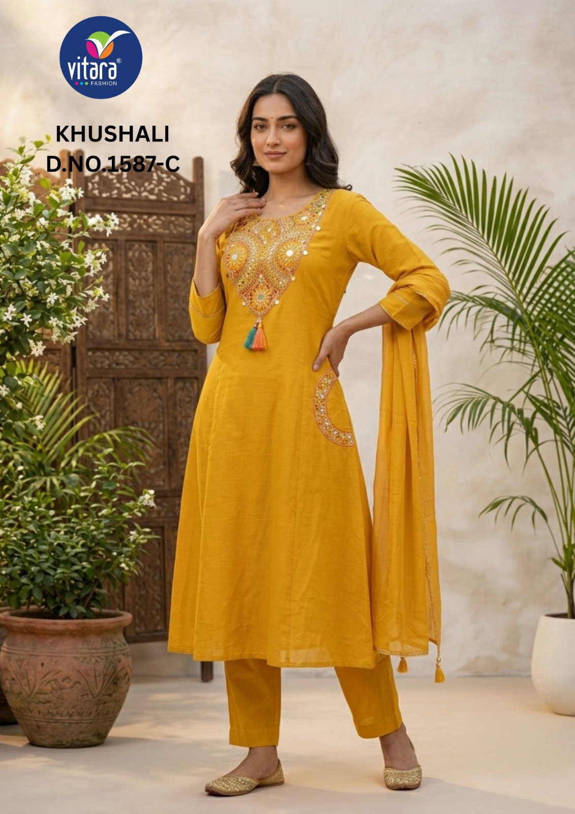 Vitara Khushali Dhabu Cotton Embroidery Kurti Bottom With Dupatta