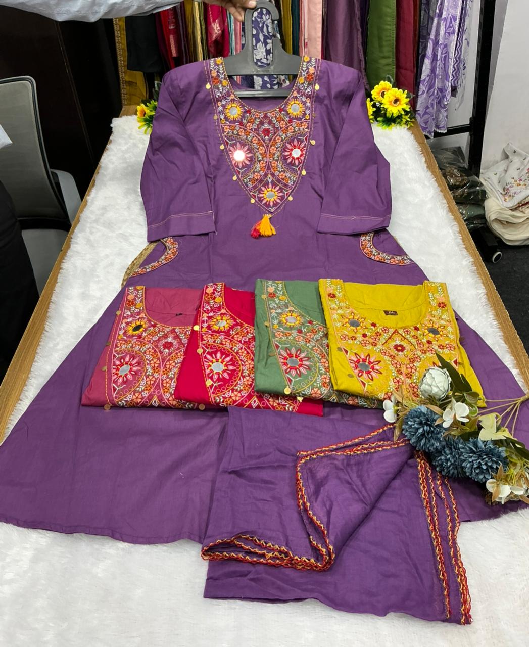 Vitara Khushali Dhabu Cotton Embroidery Kurti Bottom With Dupatta