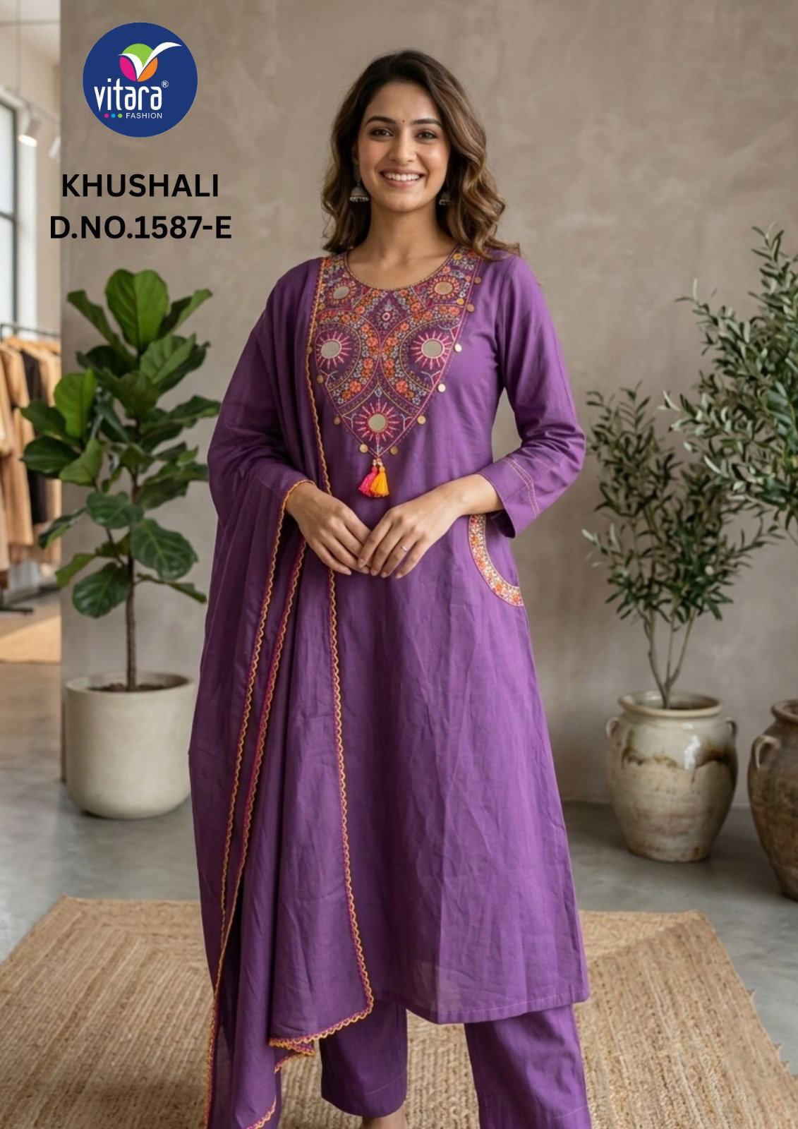 Vitara Khushali Dhabu Cotton Embroidery Kurti Bottom With Dupatta
