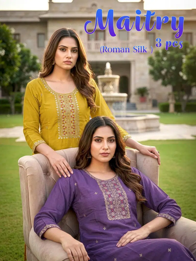 Maitry Vol 8 Roman Silk Embroidery Worked Kurti Set Collection