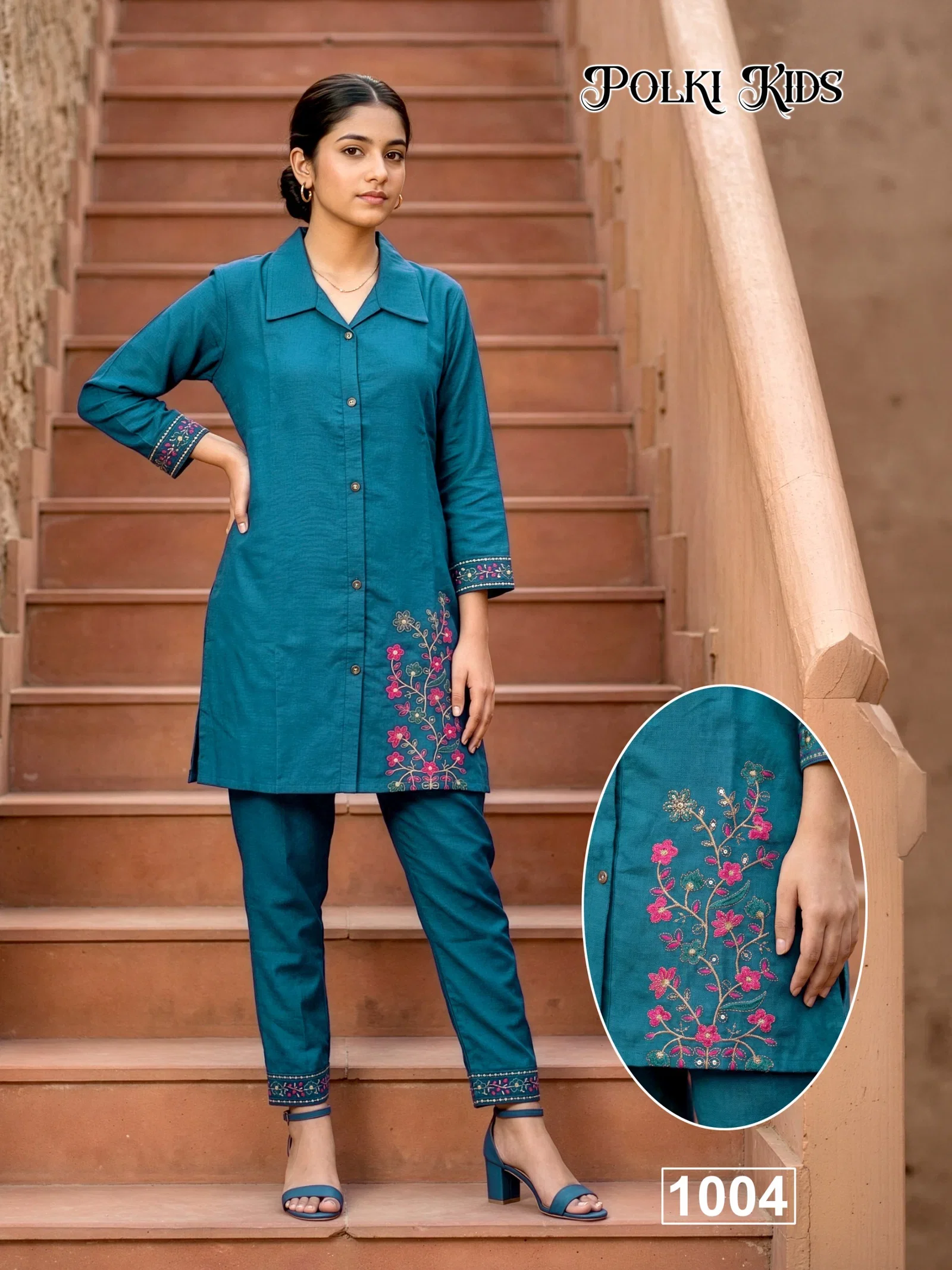 Polki Kids Vertican Silk Embroidery Sequence Worked Co Ord Set Collection