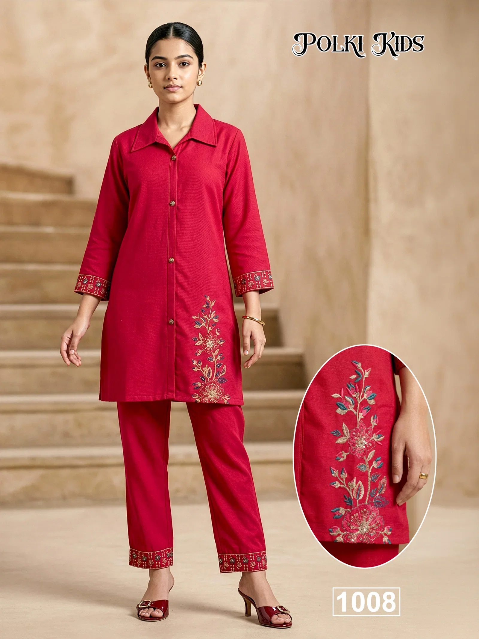 Polki Kids Vertican Silk Embroidery Sequence Worked Co Ord Set Collection