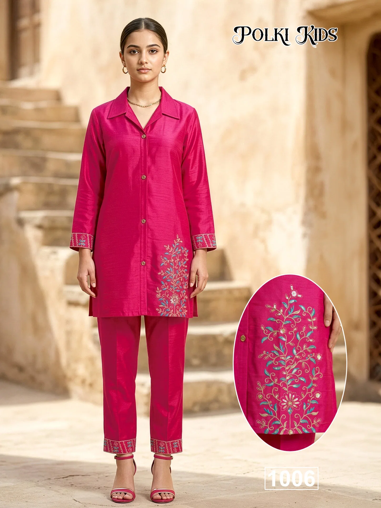 Polki Kids Vertican Silk Embroidery Sequence Worked Co Ord Set Collection