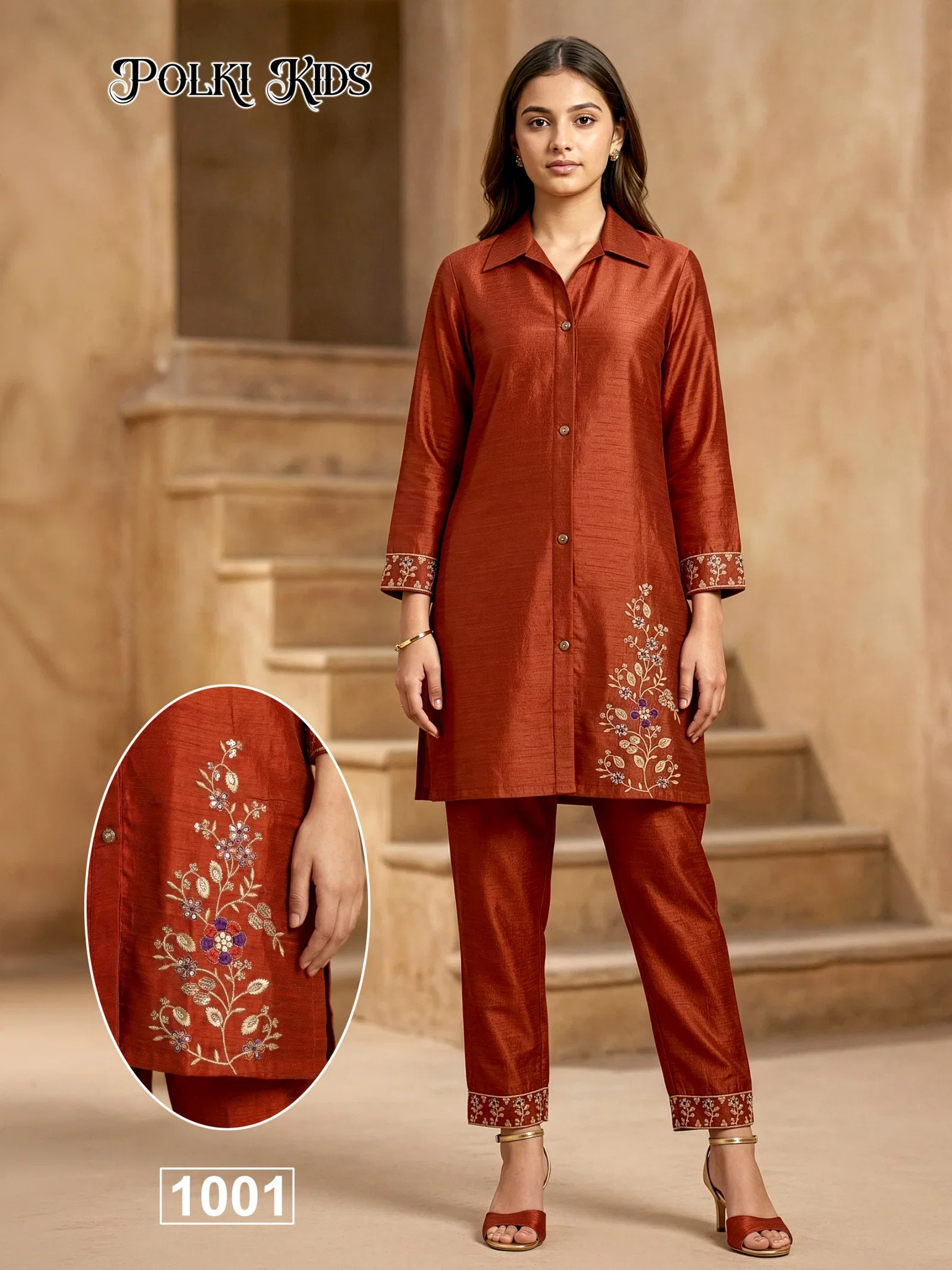 Polki Kids Vertican Silk Embroidery Sequence Worked Co Ord Set Collection