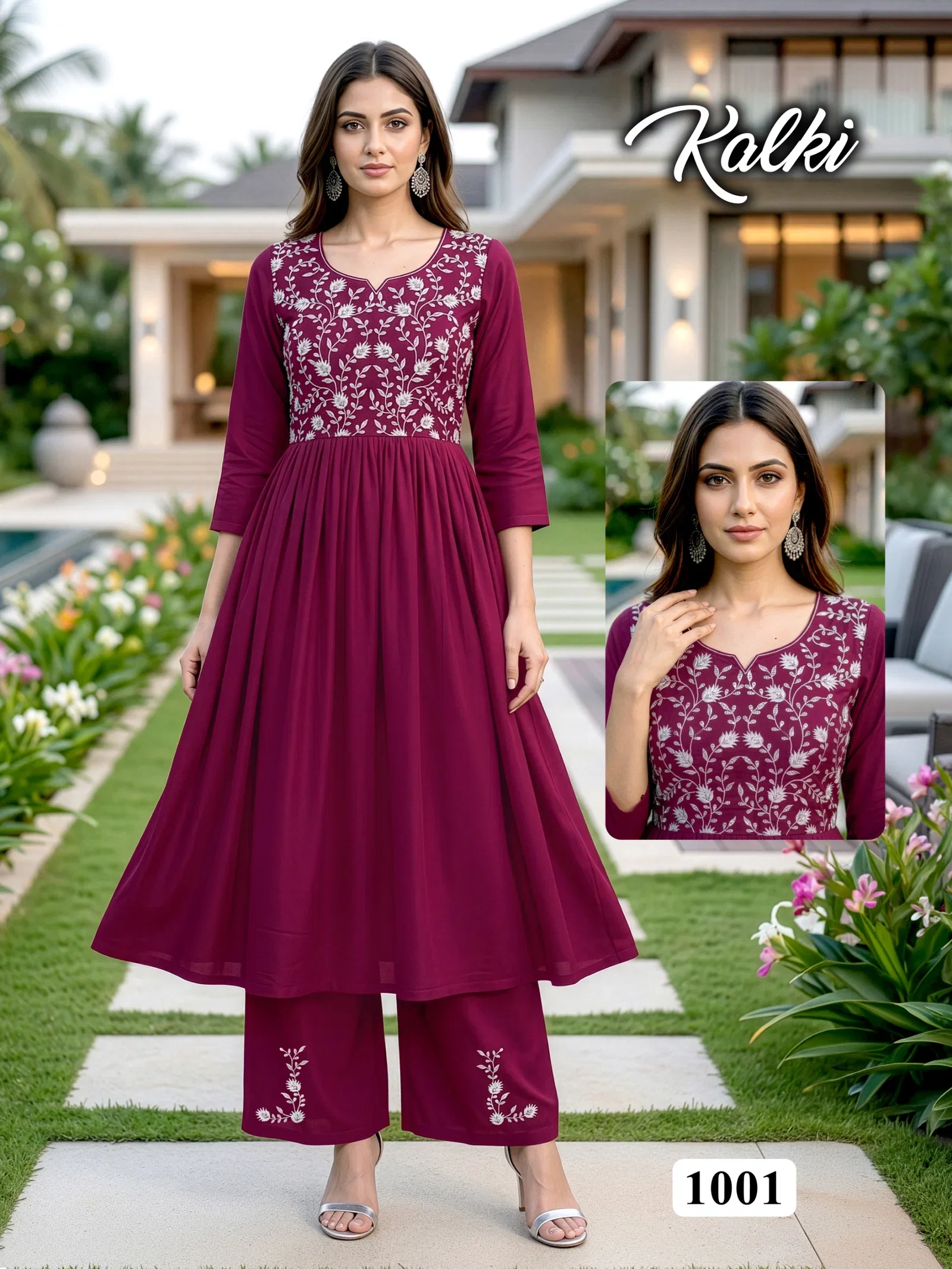 Kalki D No 1001 To 08 Rayon Embroidered Kurti With Bottom Collection