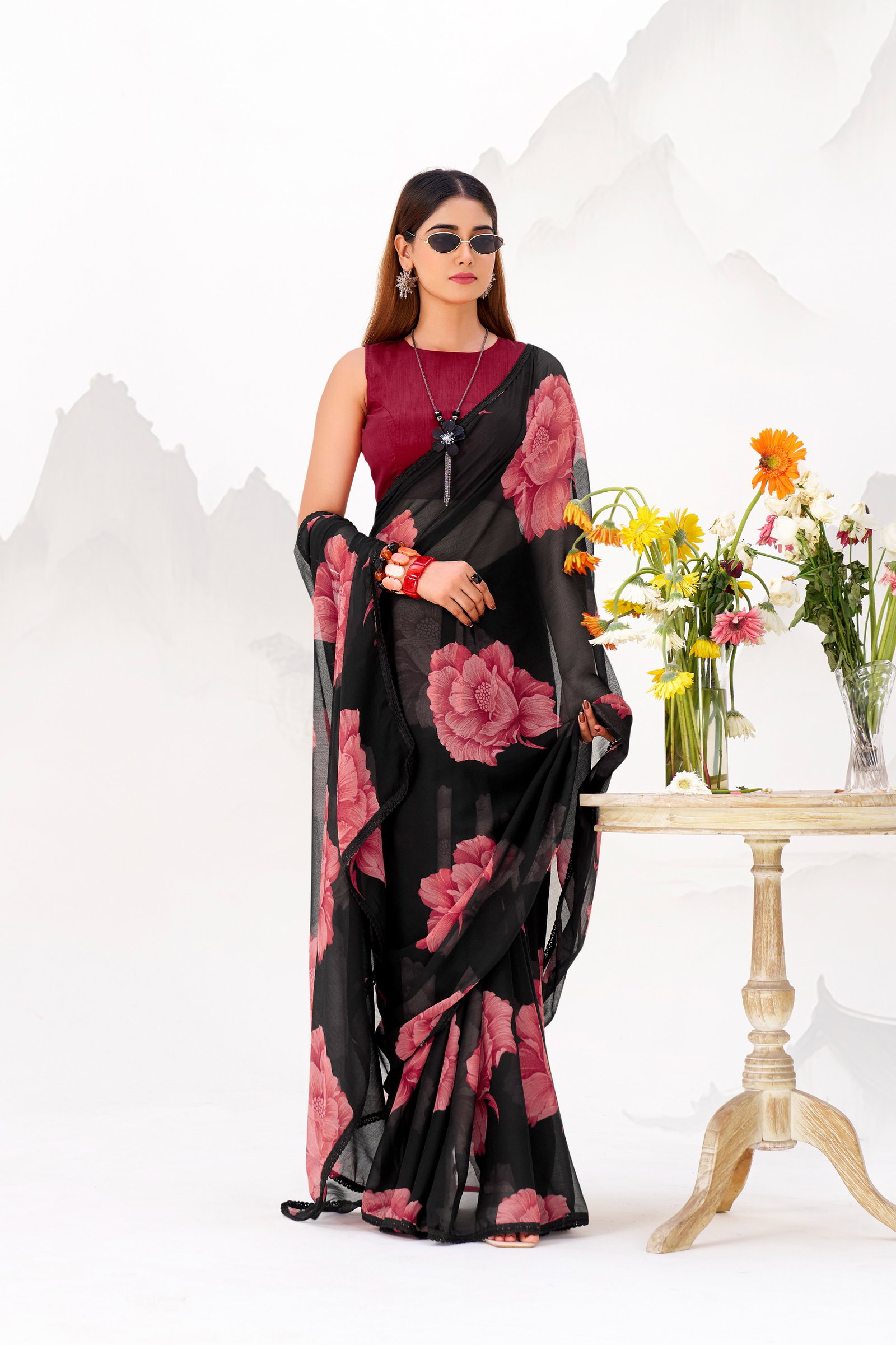 Taraa L 7033 Chiffon Floral Printed Saree Collection
