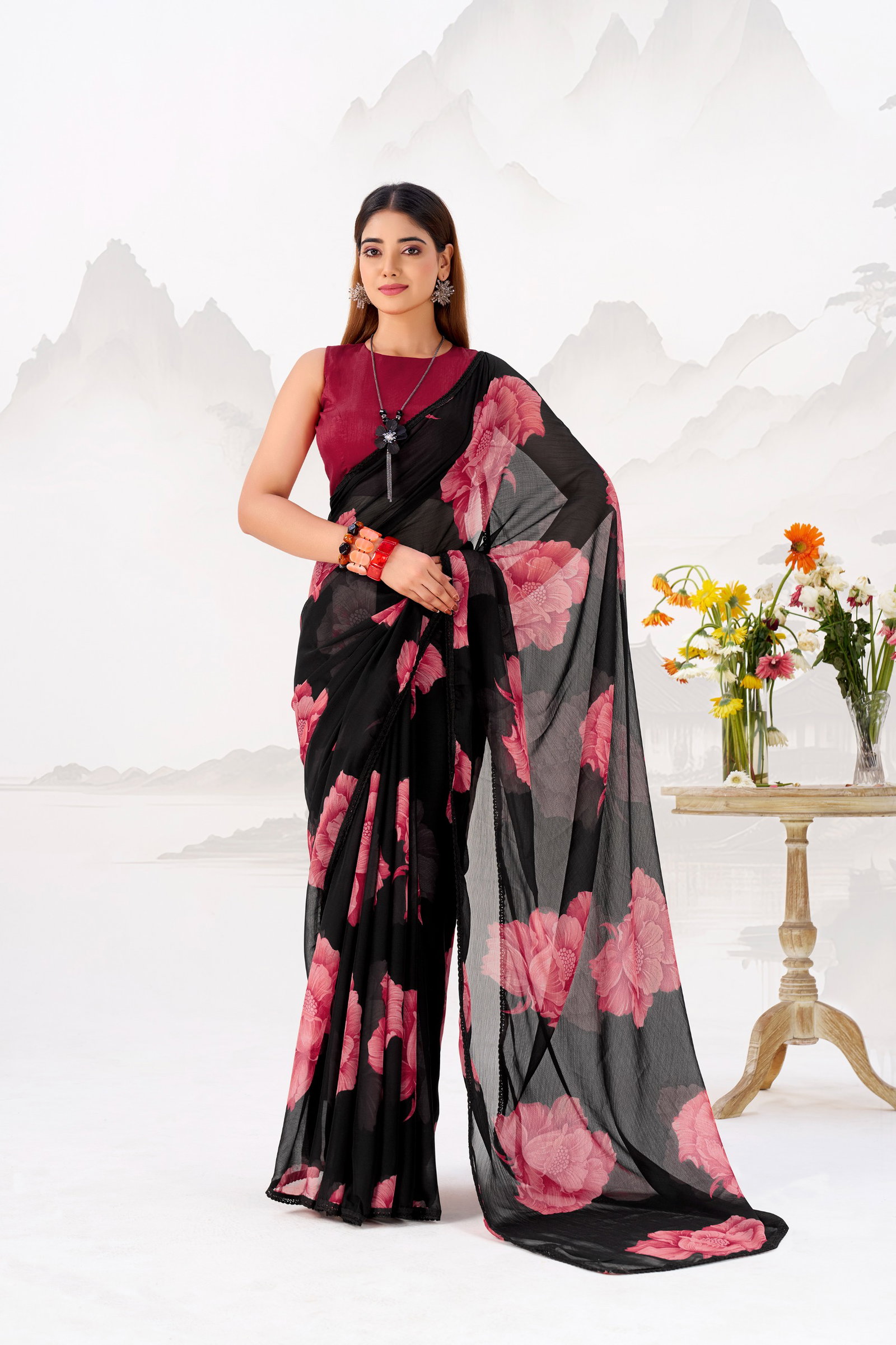 Taraa L 7033 Chiffon Floral Printed Saree Collection