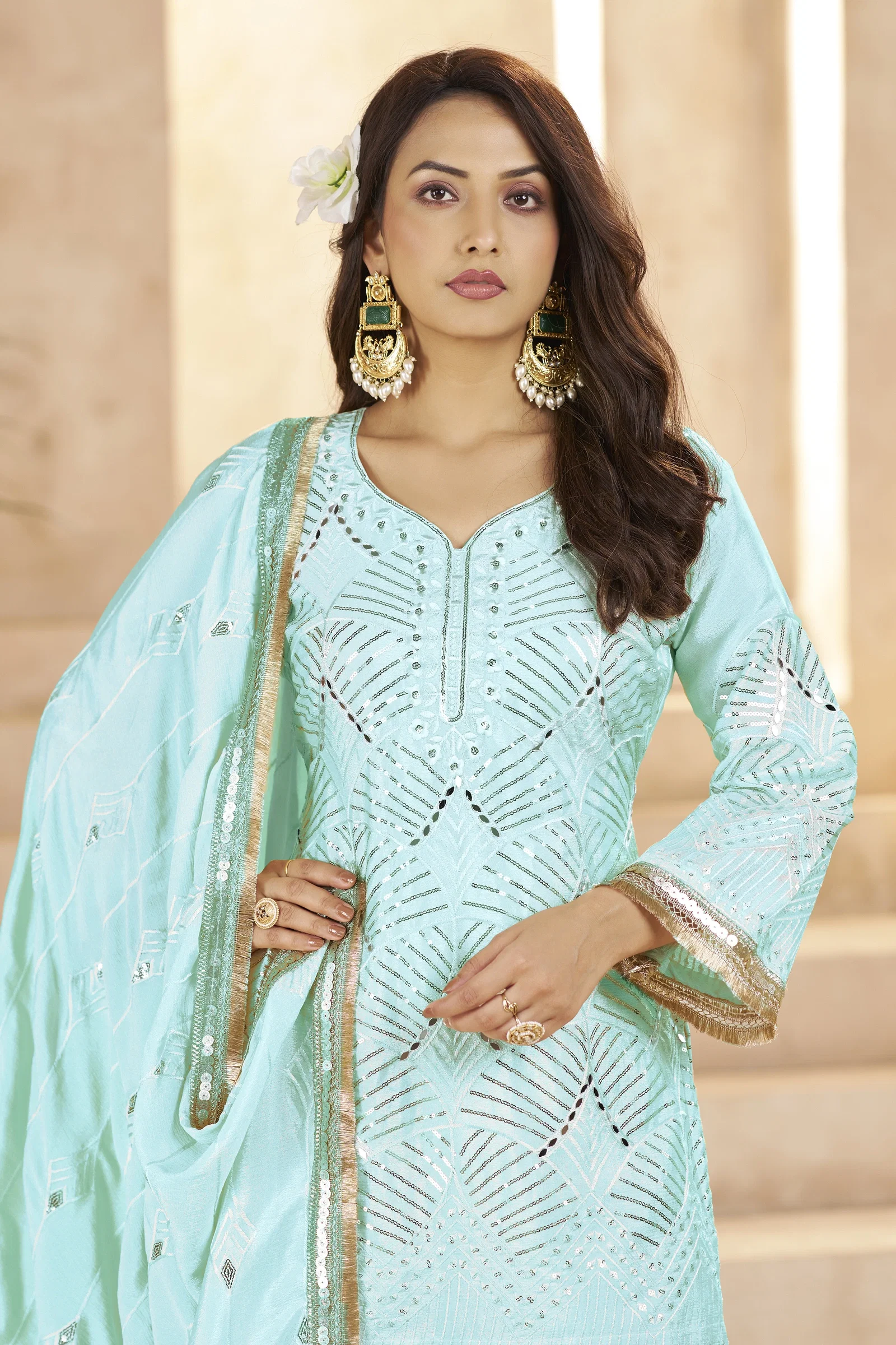 SD Hessa Chinon Readymade Top Plazzo with Dupatta